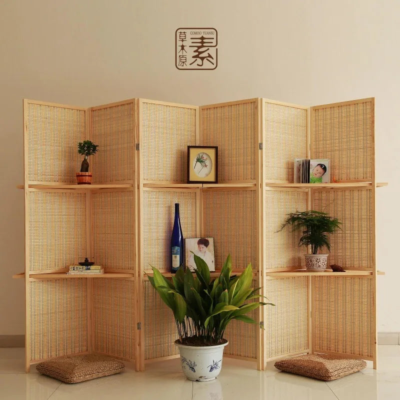 Paravent en bois massif et tissage de bambou