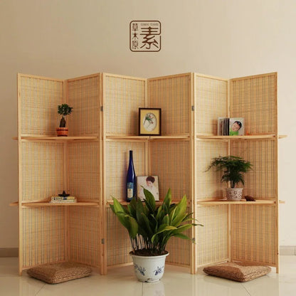 Paravent en bois massif et tissage de bambou