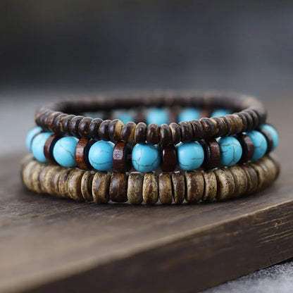 Set de 3 bracelets en bois de coco et pierres naturelles