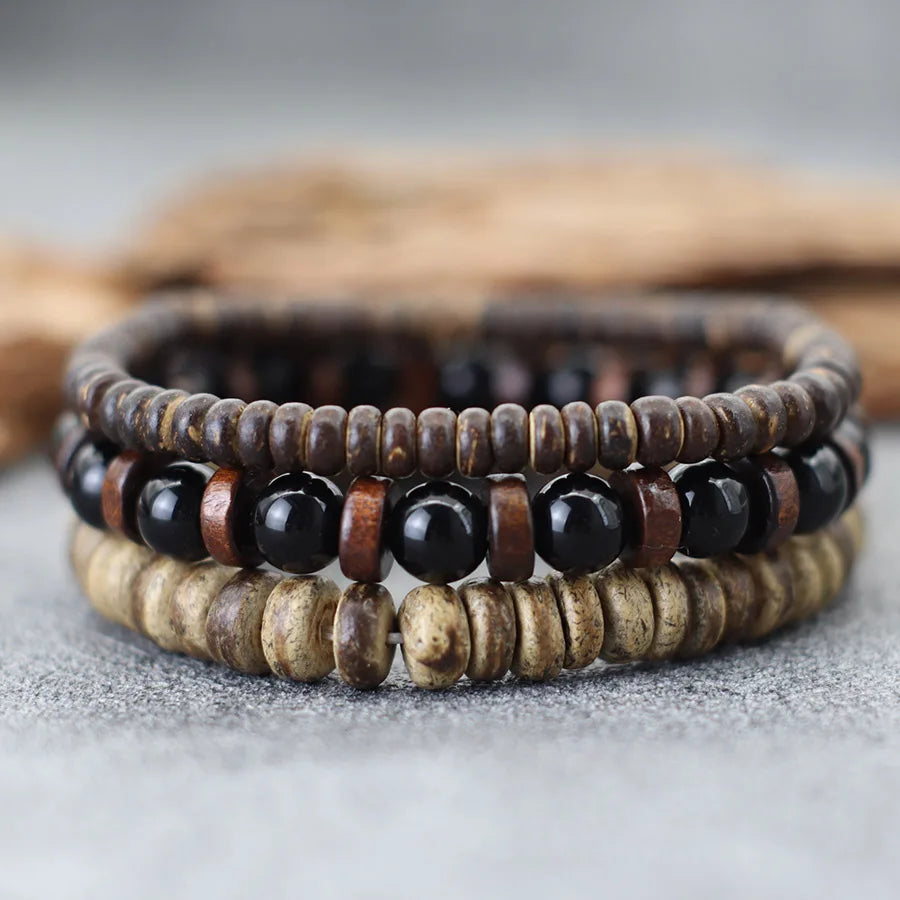 Set de 3 bracelets en bois de coco et pierres naturelles