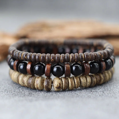Set de 3 bracelets en bois de coco et pierres naturelles
