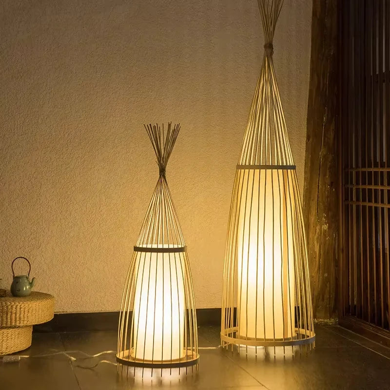 Lampadaire Bambou Tissé Main Rétro Chic