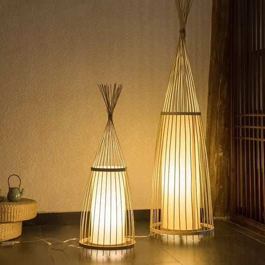 Lampadaire Bambou Tissé Main Rétro Chic