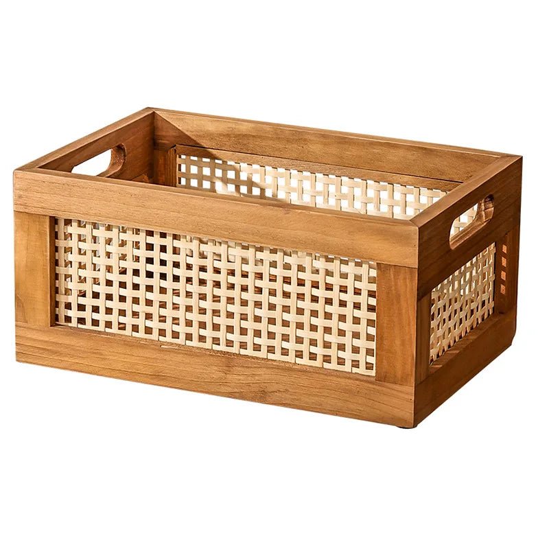 Panier de rangement rétro en bois et rotin