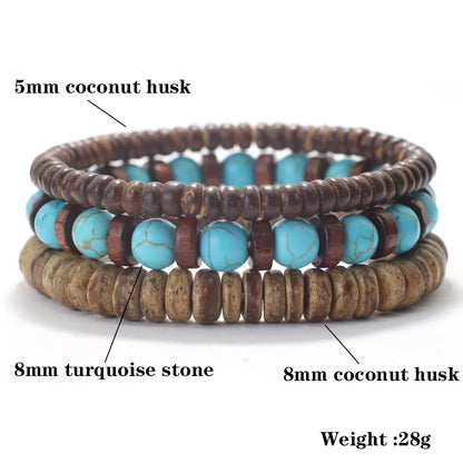 Set de 3 bracelets en bois de coco et pierres naturelles