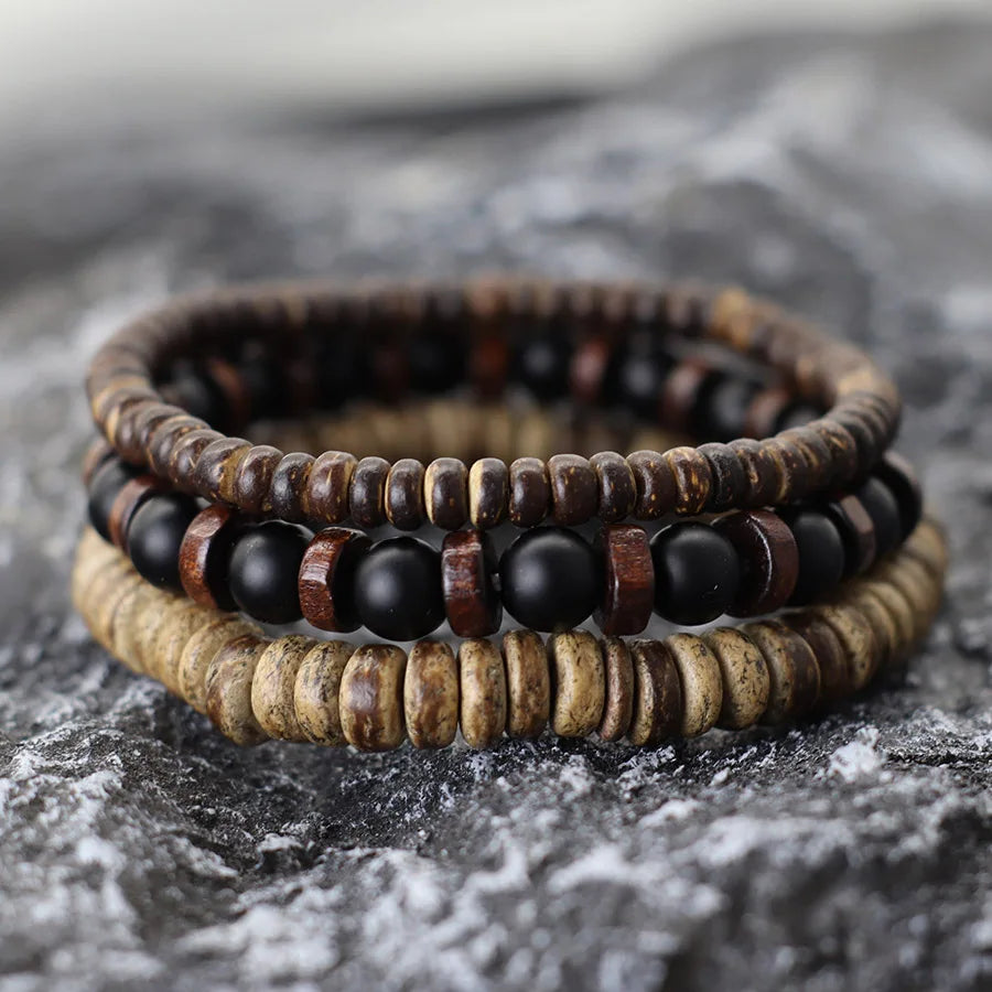 Set de 3 bracelets en bois de coco et pierres naturelles