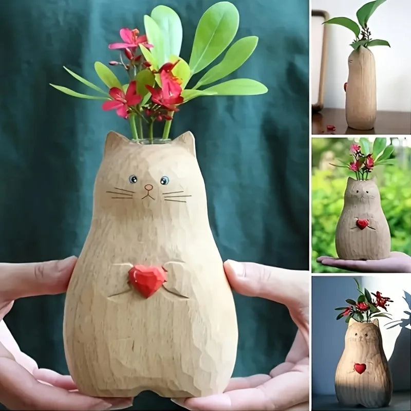 Vase Statue de Chat en Bois Massif
