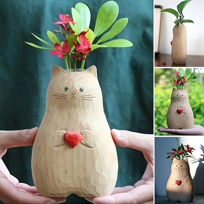 Vase Statue de Chat en Bois Massif