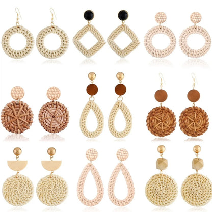 Boucles d'oreilles pendantes en bambou et rotin
