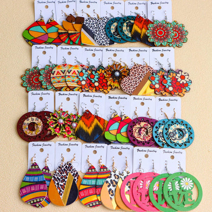 Lot de 10 paires de boucles d'oreilles en bois multicolores