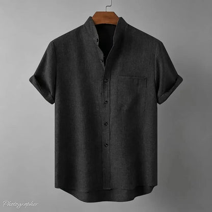 Chemise Homme en Fibre de Bambou, Unie Manches Courtes et Col Mandarin