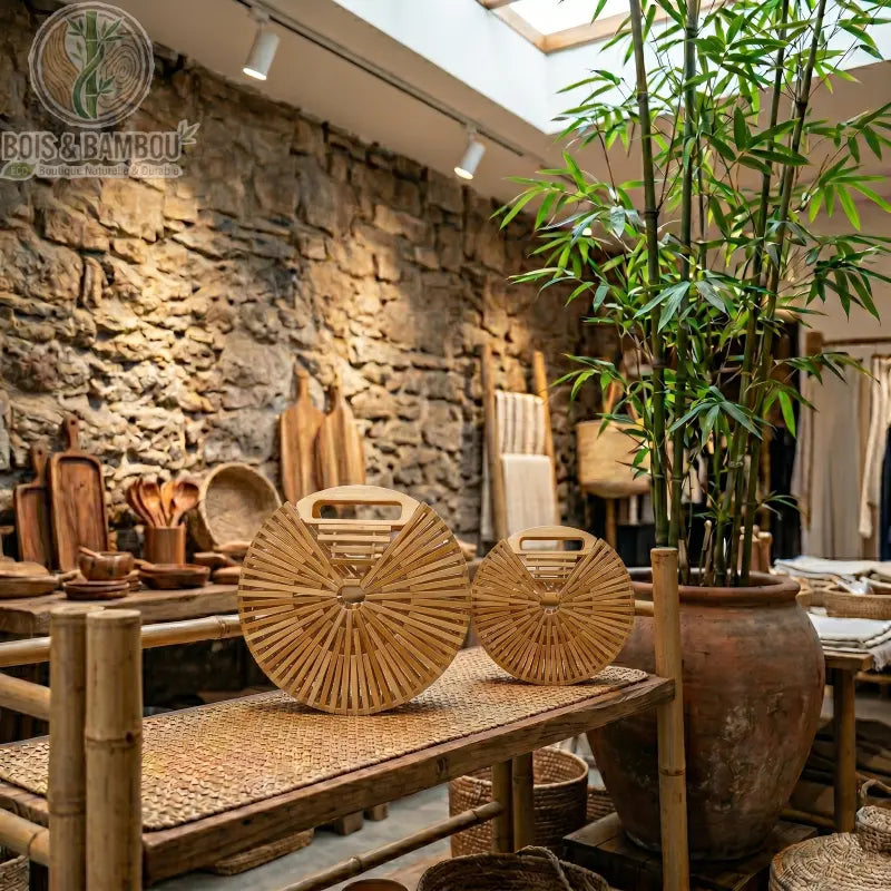 Sac a main Demi Lune en bambou 20 7 et 28 8. Deux sacs à main ronds en lattes de bambou, tailles petit et grand, exposés dans une boutique artisanale chaleureuse avec décor en pierre et plantes.
