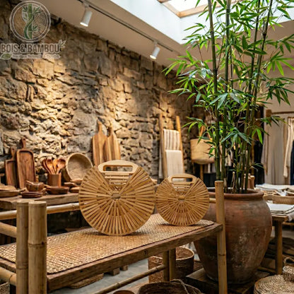 Sac a main Demi Lune en bambou 20 7 et 28 8. Deux sacs à main ronds en lattes de bambou, tailles petit et grand, exposés dans une boutique artisanale chaleureuse avec décor en pierre et plantes.
