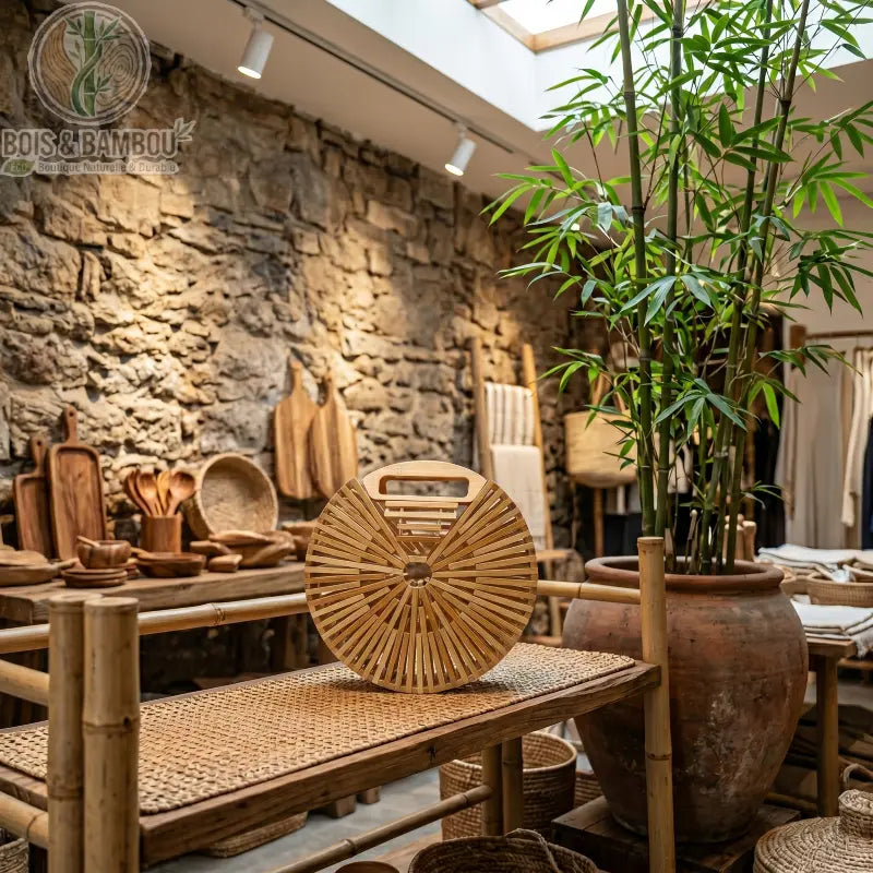 Sac a main Demi Lune en bambou 20 7. Sac à main artisanal circulaire en lattes de bambou ajourées, exposé sur un banc en rotin dans une boutique au décor naturel avec murs en pierre et plantes.