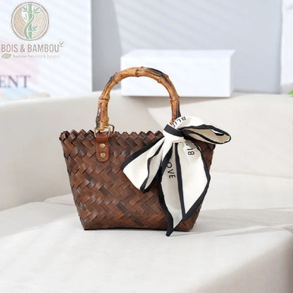 Petit sac cabas en paille tressée à poignée bambou et foulard noué