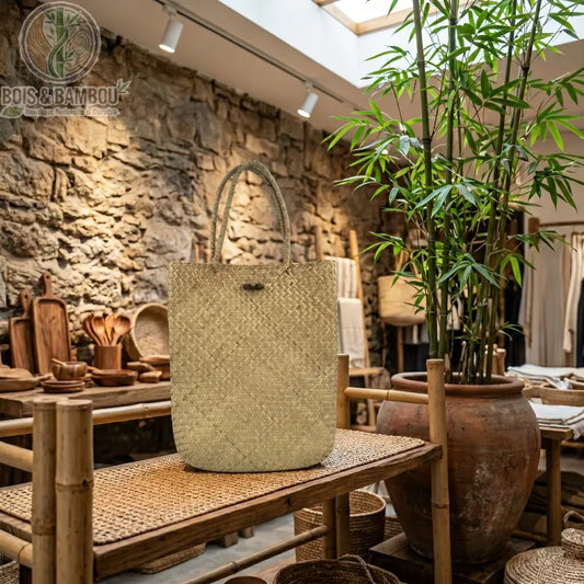 Sac a main en paille tressee claire. Cabas artisanal en paille tressée beige clair posé sur un banc en rotin, dans une boutique au décor naturel avec mur en pierre, poterie et plante verte.