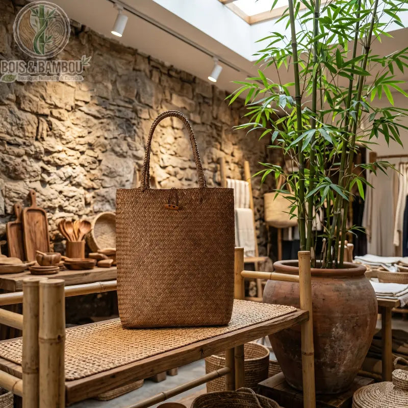 Sac a main en paille tressee marron. Sac cabas artisanal en paille tressée marron avec anses, exposé sur un banc en rotin dans une boutique au décor naturel, pierres apparentes et bambous.