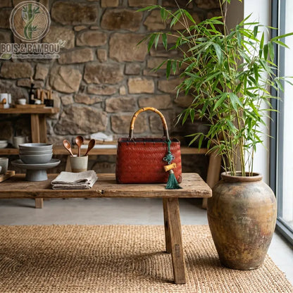 Sac cabas Coffret en bambou rouge. Sac artisanal rectangulaire en bambou tressé rouge avec anse en bambou et pompon vert, posé sur un banc en bois dans une boutique au décor naturel et chaleureux.