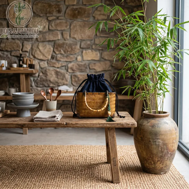 Sac cabas Coffret en bambou. Sac artisanal rectangulaire en bambou tressé avec poignée, pochon bleu marine et pompon, posé sur une table rustique dans un décor naturel avec mur de pierre.