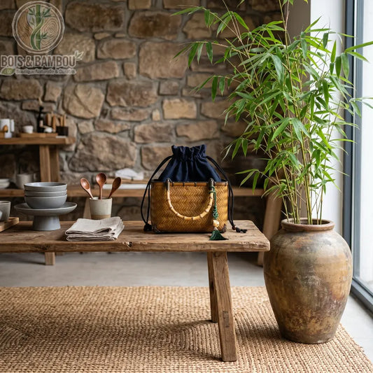 Sac cabas Coffret en bambou. Sac artisanal rectangulaire en bambou tressé avec poignée, pochon bleu marine et pompon, posé sur une table rustique dans un décor naturel avec mur de pierre.