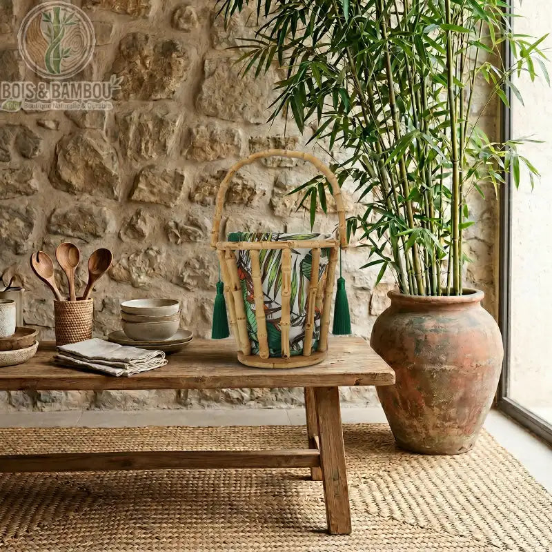 Sac corbeille en bambou a pompon situation 2. Sac panier cylindrique en tiges de bambou avec poignée haute, pochon intérieur à motifs tropicaux et pompons verts, sur une table rustique en bois.