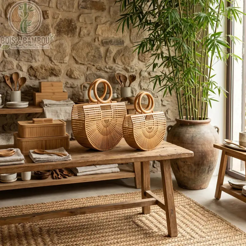 Sac panier Demi Lune en bambou situation. Deux sacs artisanaux demi-lune en bambou ajouré avec anses rondes, présentés sur une table en bois rustique dans un décor naturel avec pierres et bambous.