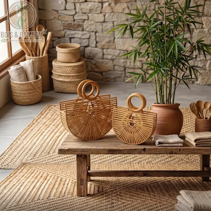Sac panier Demi Lune en bambou. Deux sacs artisanaux demi-lune en lattes de bambou avec anses circulaires, posés sur une table en bois dans une ambiance zen avec plantes et murs en pierre.