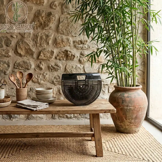 Sac panier en bambou tresse noir. Sac à main demi-lune en bambou noir brillant exposé sur un banc en bois rustique, dans un intérieur naturel avec mur en pierre et plante de bambou en pot.