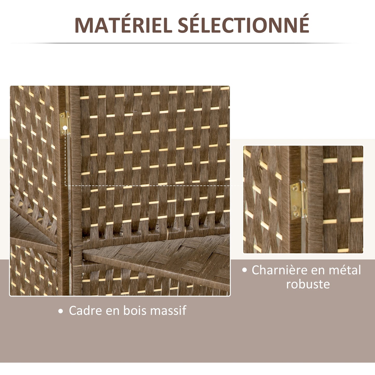 Paravent intérieur 4 panneaux en bois et fibres tressées