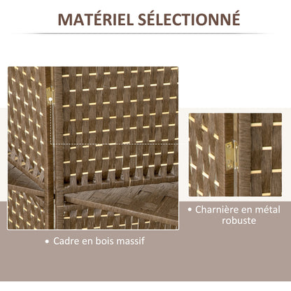 Paravent intérieur 4 panneaux en bois et fibres tressées