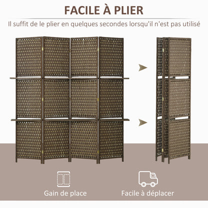 Paravent intérieur 4 panneaux en bois et fibres tressées
