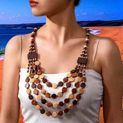 Collier ethnique bohème en perles de bois