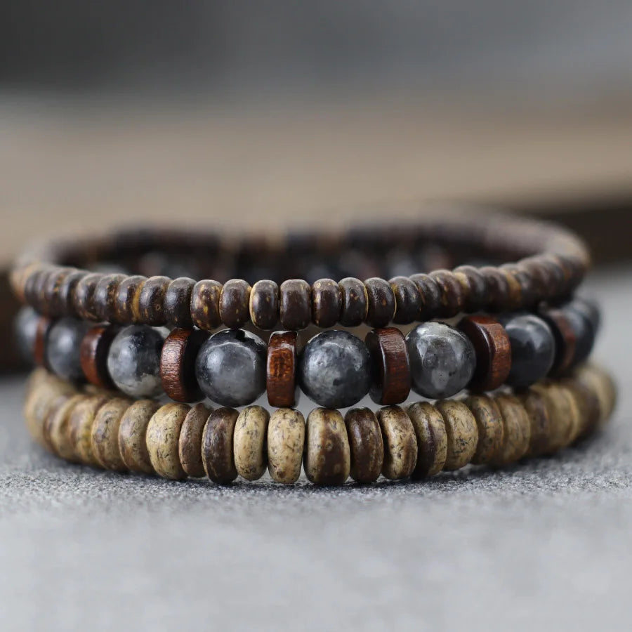Set de 3 bracelets en bois de coco et pierres naturelles