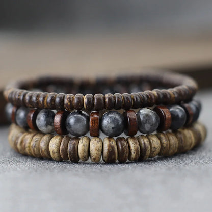 Set de 3 bracelets en bois de coco et pierres naturelles