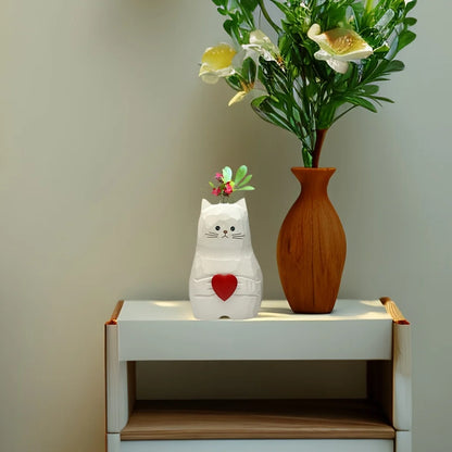 Vase Statue de Chat en Bois Massif