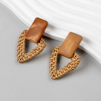 Boucles d'oreilles pendantes en rotin et bois