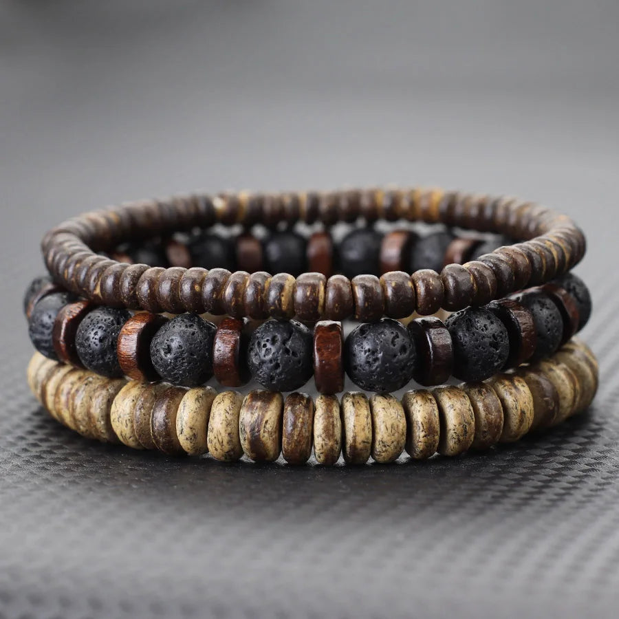 Set de 3 bracelets en bois de coco et pierres naturelles