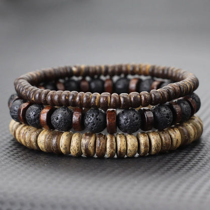 Set de 3 bracelets en bois de coco et pierres naturelles