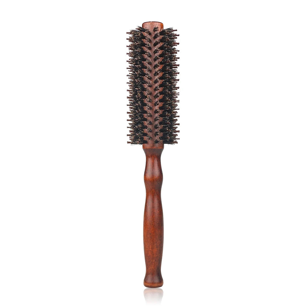 Brosse à cheveux ronde en poils de sanglier et manche en bois