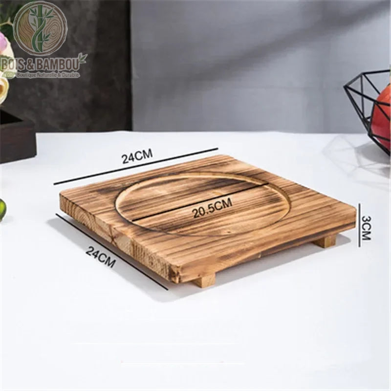 Socle en Bois pour Bol Coréen Support Dolsot Bibimbap 12 à 32 cm – modèle A 24 cm, design fonctionnel carré stable, transport sécurisé des plats chauds.