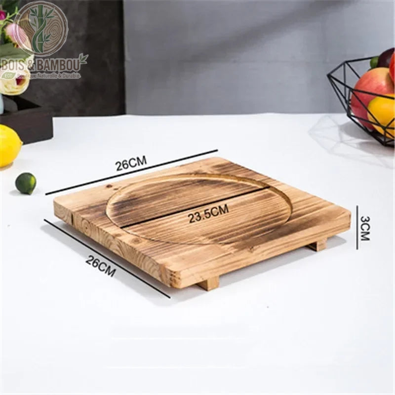 Socle en Bois pour Bol Coréen Support Dolsot Bibimbap 12 à 32 cm – modèle A 26 cm, design fonctionnel carré stable, transport sécurisé des plats chauds.