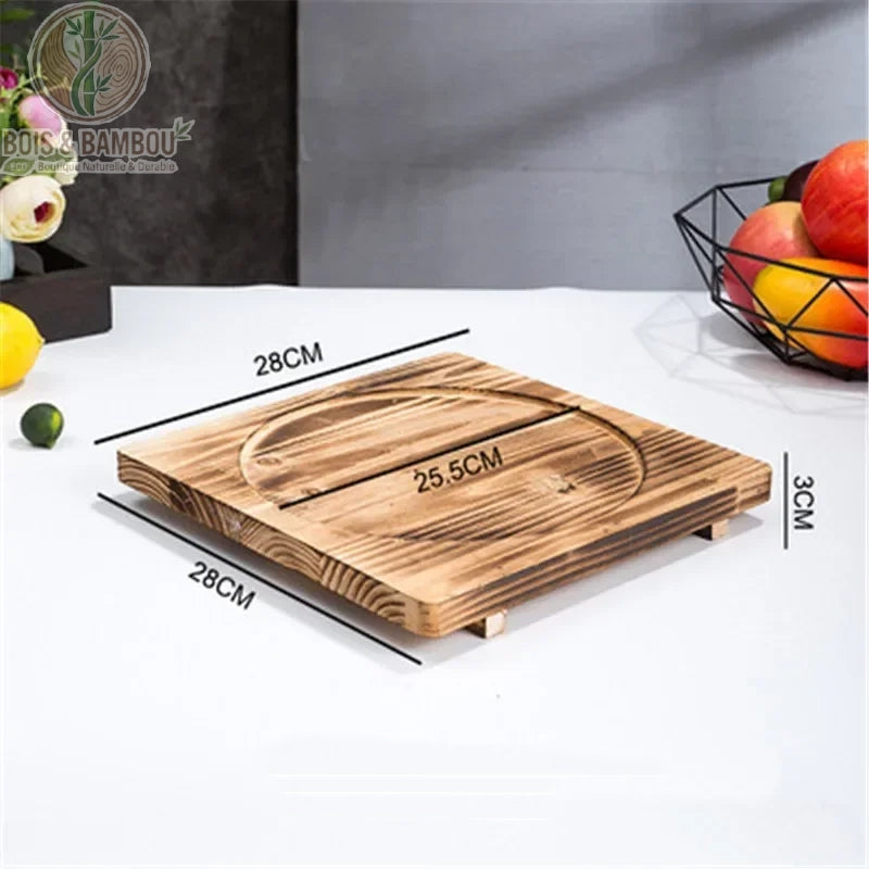 Socle en Bois pour Bol Coréen Support Dolsot Bibimbap 12 à 32 cm – modèle A 28 cm, design fonctionnel carré stable, transport sécurisé des plats chauds.