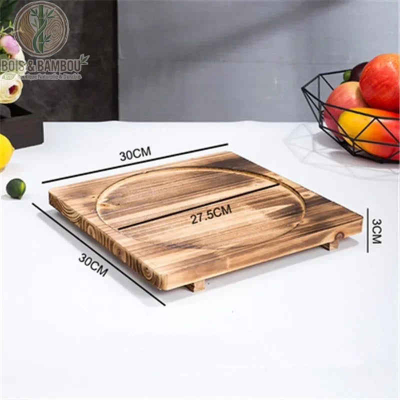 Socle en Bois pour Bol Coréen Support Dolsot Bibimbap 12 à 32 cm – modèle A 30 cm, design fonctionnel carré stable, transport sécurisé des plats chauds.