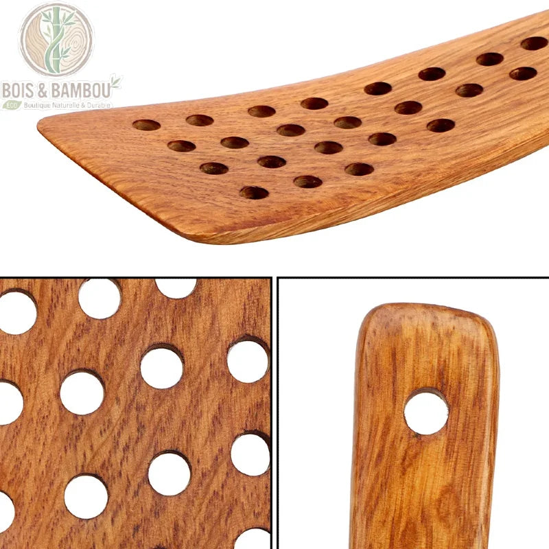 Spatule bois 24 trous gros plan perforations et manche ergonomique en bois naturel, Bois et Bambou Eco