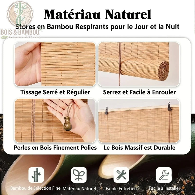 Store enrouleur bambou naturel artisanal détails tissage serré perle bois mécanisme