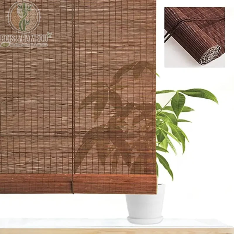 Store enrouleur bambou naturel artisanal coloris marron lames étroites zoom rouleau