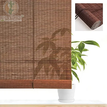 Store enrouleur bambou naturel artisanal coloris marron lames étroites zoom rouleau