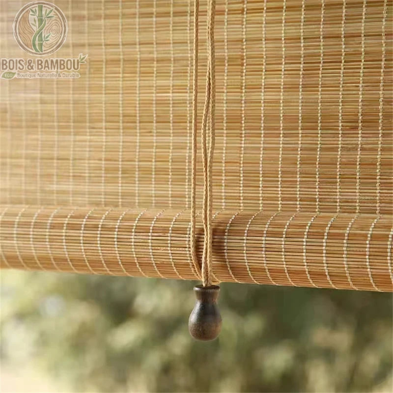 Store enrouleur bambou naturel détail tissage artisanal latte large cordelette bois