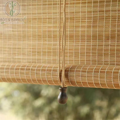 Store enrouleur bambou naturel détail tissage artisanal latte large cordelette bois