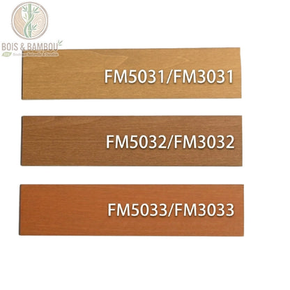 Nuancier de 3 stores en bois : Chêne Clair FM5031, Noyer Moyen FM5032, Cerisier Foncé FM5033.